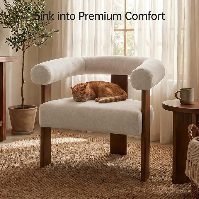 VKNOW Accent Chair, Vanity Chair with Armrests and Walnut Legs, Khaki | Mohair-type Fabric, Barrel Back, Armrests, For Adults and Family, Living Room, Bedroom, Vanity, No Wobble, Easy Assembly