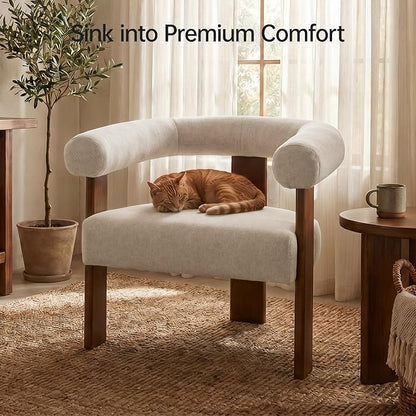 VKNOW Accent Chair, Vanity Chair with Armrests and Walnut Legs, Khaki | Mohair-type Fabric, Barrel Back, Armrests, For Adults and Family, Living Room, Bedroom, Vanity, No Wobble, Easy Assembly