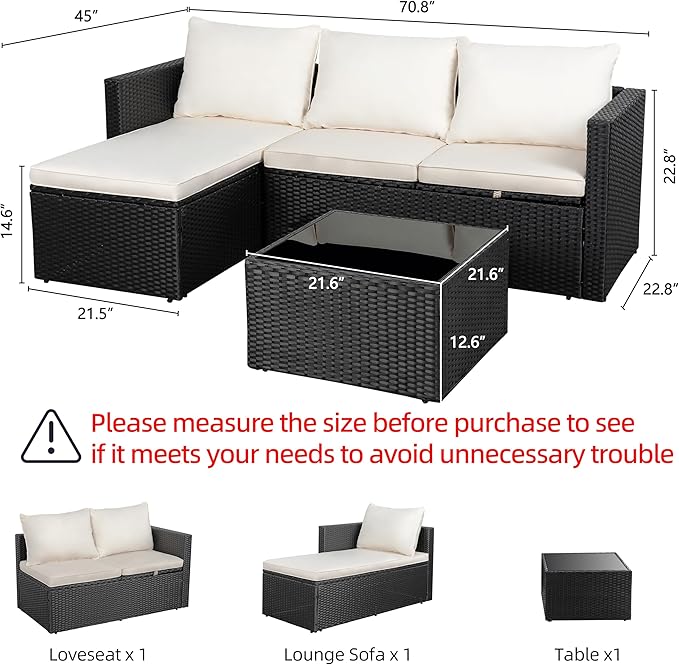 Shintenchi 4 Pieces Patio Furniture Set, 2-in-1 Convertible Sectional Sofa & Chaise Lounge, All-Weather Wicker Rattan Sofa Couch with Cushions & Coffee Table for Yard, Garden, Porch, Poolside (Beige)