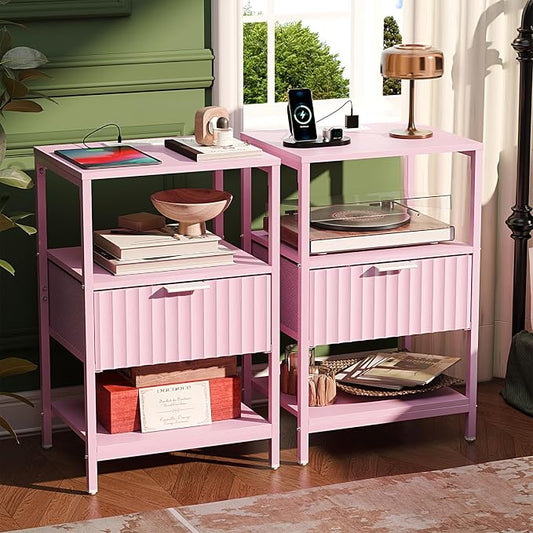 VINGLI Nightstands Set of 2 with Fabric Drawer, Pink Nightstands with Charging Station, Fluted Nightstand Pink Bedside Table/End Table for Bedroom, Night Stand Small for Kids Room, 2 pcs