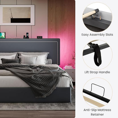SHA CERLIN King Size Hydraulic Lift-Up Storage Platform Bed Frame with Charging Station, RGB LED Lights, Adjustable Velvet Headboard, USB-A and USB-C Ports, No Box Spring Needed, Grey