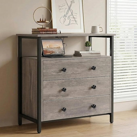 Edbuosy 3 Wooden Drawers Night Stand, 27 Inch Wide Nightstand with Charging Station and Adjustable Drawers, Small Dresser for Closet, Bedside Table for Living Room/Bedroom/Office, Rustic Gray