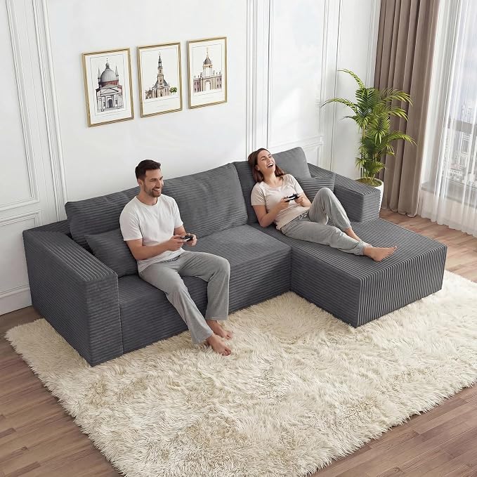 92.5" Modular Sectional Sofa, L-Shaped Cloud Couch with Deep Seats & Chaise, Convertible 4-in-1 Corduroy Boneless Couches for Living Room, Bedroom, No Need Assembly - Grey(Right Facing Chaise)