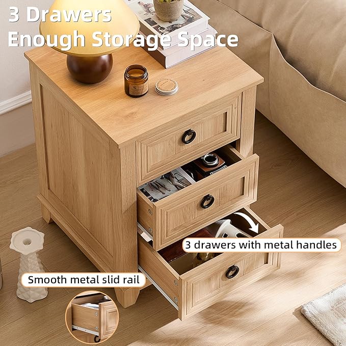 Joaxswe 18" Farmhouse Night Stand with 3 Drawers, Wood End Table for Bedroom, Natural Wood Nightstand, Bed Side Table with Metal Handle, Bedside Cabinet for Bedroom Living Room