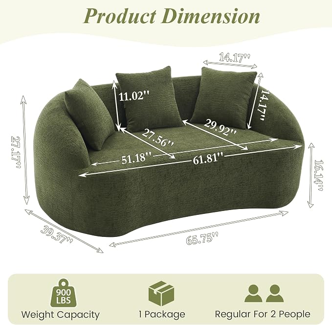 66" Curved Loveseat Sofa for Small Space, Boneless Chenille Boucle Cloud Couch, Luxury Extra High Back & Deep Seat, Oversized Comfort with No Assembly Required for Office, Dorm (Green)
