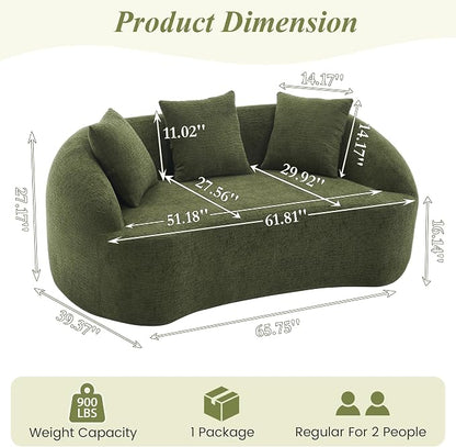 66" Curved Loveseat Sofa for Small Space, Boneless Chenille Boucle Cloud Couch, Luxury Extra High Back & Deep Seat, Oversized Comfort with No Assembly Required for Office, Dorm (Green)