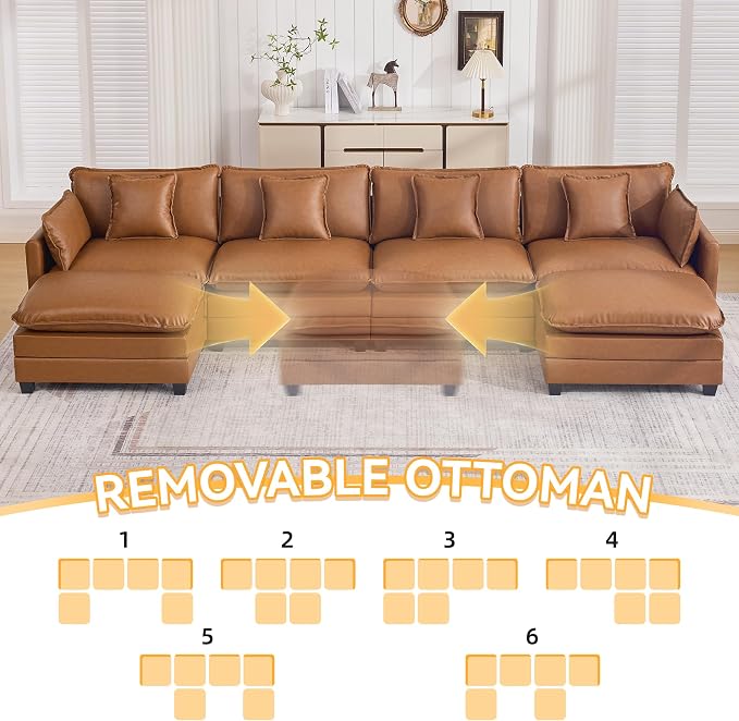 147'' Sectional Cloud Deep Seat Couch, Oversized Leather U Shaped Sectional Sofa for Living Room Set, Comfy Upholstered Modular Sectional Sofa Couch with Movable Ottoman, Leather Light Brown