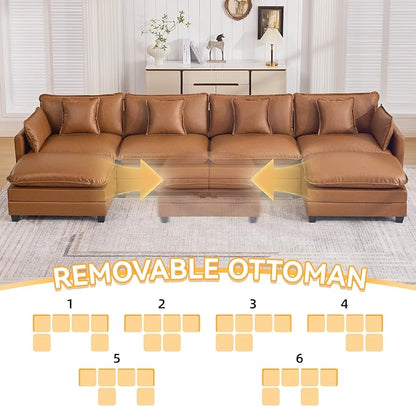 147'' Sectional Cloud Deep Seat Couch, Oversized Leather U Shaped Sectional Sofa for Living Room Set, Comfy Upholstered Modular Sectional Sofa Couch with Movable Ottoman, Leather Light Brown