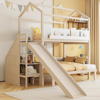 Harper & Bright Designs House Bunk Bed with Trundle and Bookshelf, Twin Over Full Bunk Bed with Slide and Stairs for Kids Teens Adults, Space Saving, No Box Spring Needed, Beige+White