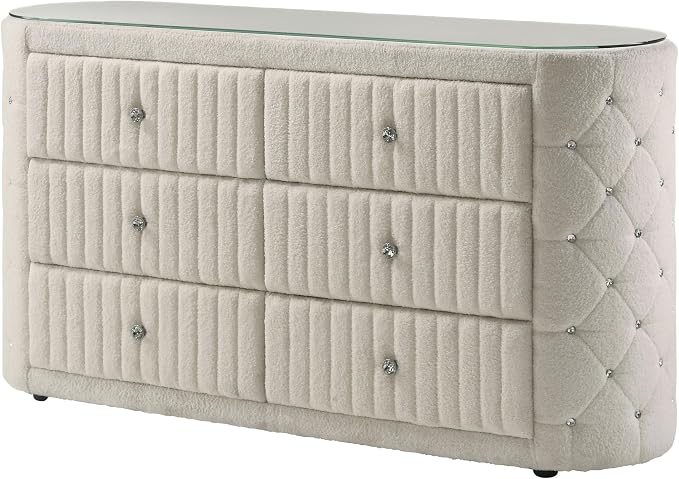 Coaster Home Furnishings - Sonya - Wood - Boucle Upholstered 6-Drawer Dresser with Crystal Hardware, Tufted Panels and Glass Top - Bedroom - Ivory - 360113