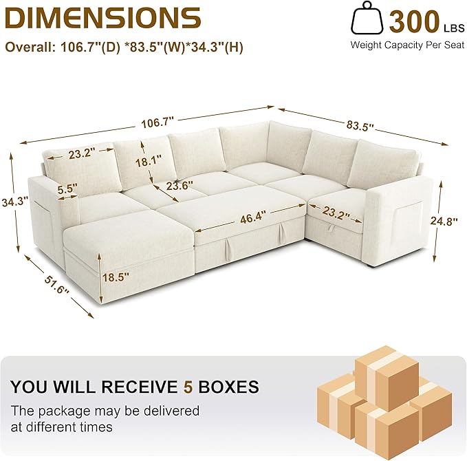106.7" U-Shaped Modular Sectional Sofa with Pull-Out Bed & Storage, Modern 7-Seat Convertible Couch, Comfy L-Shape Sectional for Living Room, Apartment, Beige