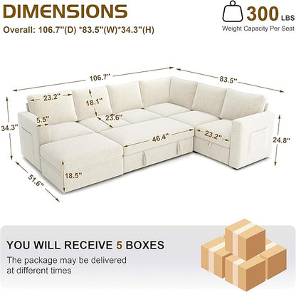 106.7" U-Shaped Modular Sectional Sofa with Pull-Out Bed & Storage, Modern 7-Seat Convertible Couch, Comfy L-Shape Sectional for Living Room, Apartment, Beige