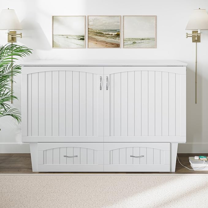 AFI, Nantucket Queen Murphy Bed Chest with Mattress, Storage Drawer and Built-In USB Charger, White