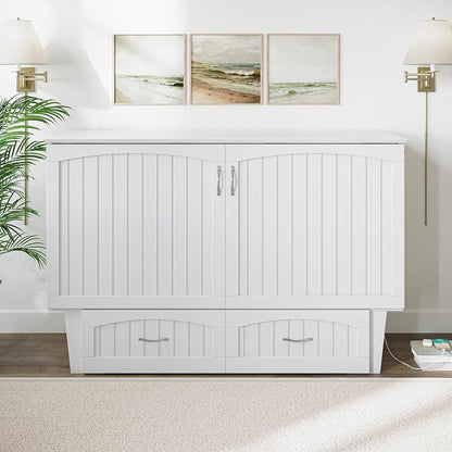 AFI, Nantucket Queen Murphy Bed Chest with Mattress, Storage Drawer and Built-In USB Charger, White