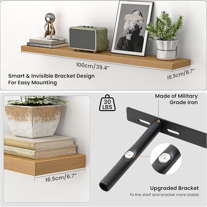 Heimlove Floating Shelves for Wall 40 Inch,Mounted Storage & Display Hanging Shelf with Invisible Brackets,for Bedroom,Living Room,Kitchen,Office,Set of 2,Oak Color