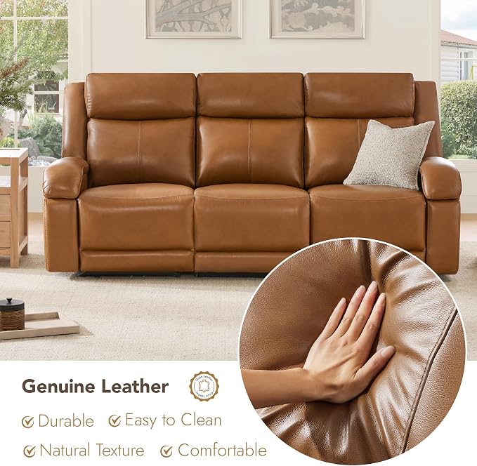 Watson & Whitely Power Reclining Sofa and Loveseat Sets, Genuine Leather Sofa Recliner Couch Set with Power Headrest, Storage Console, USB Ports, Cup Holders, Living Room Furniture Set, Saddle Brown