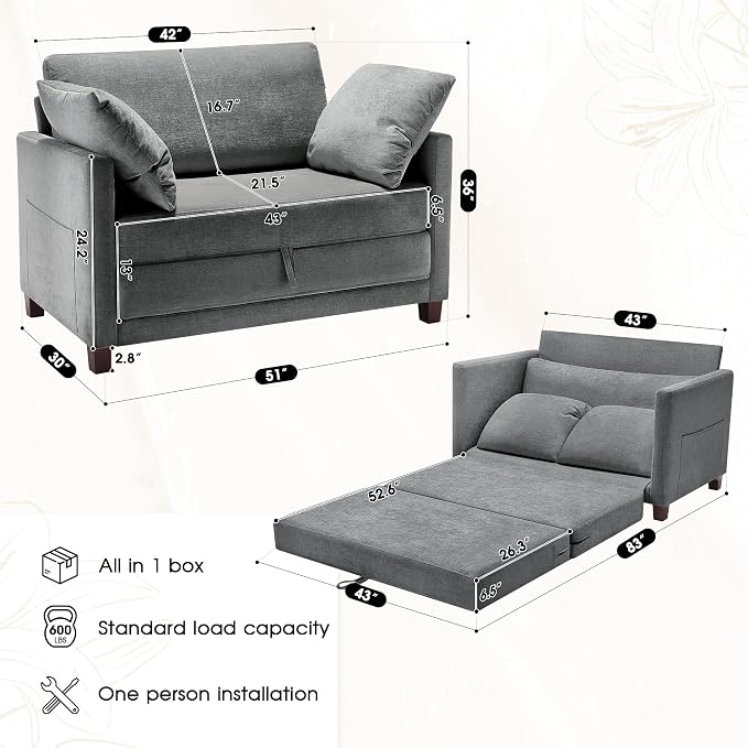 Myroyalsit 51" Convertible Sofa Bed, 2 in1 Folding Sofa Bed, Loveseat Sleeper Sofa for Small Spaces, Fold Out Floor Couch with 2 Pillows for Apartment, Living Room & Guest Room, Grey Chenille Fabric