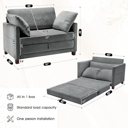 Myroyalsit 51" Convertible Sofa Bed, 2 in1 Folding Sofa Bed, Loveseat Sleeper Sofa for Small Spaces, Fold Out Floor Couch with 2 Pillows for Apartment, Living Room & Guest Room, Grey Chenille Fabric