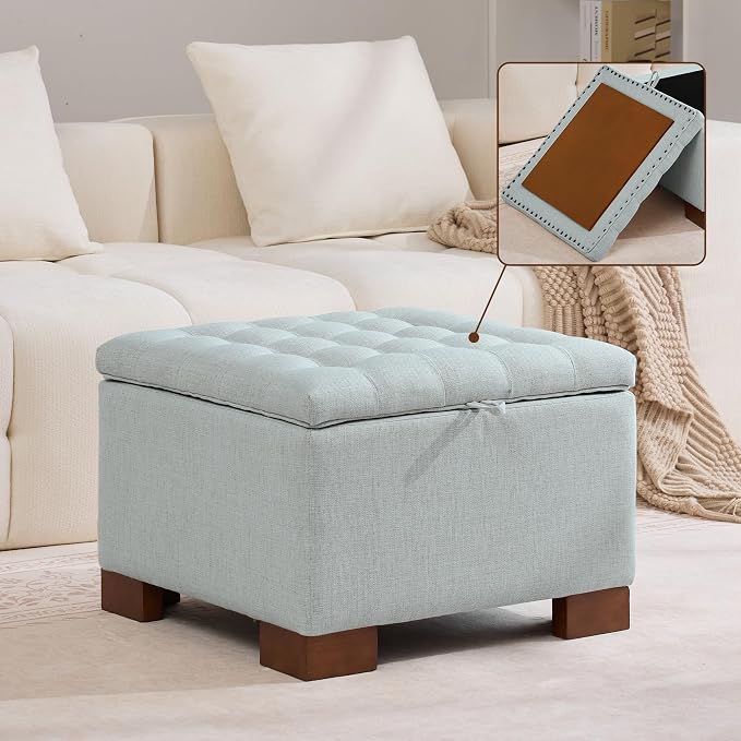 WUTUTUEE 24" Fabric Square Storage Ottoman with Wooden Tray, Modern Tufted Button Footstool Coffee Table, Upholstered Small Ottoman for Living Room, Bedroom, Blue