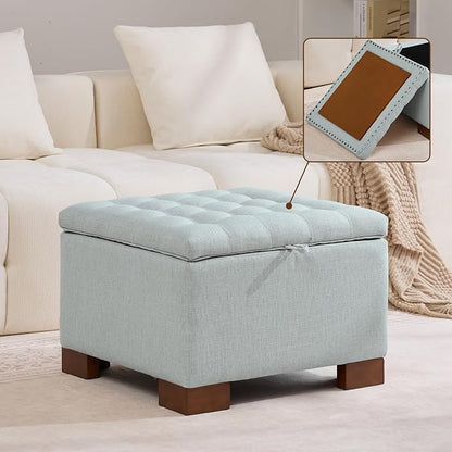 WUTUTUEE 24" Fabric Square Storage Ottoman with Wooden Tray, Modern Tufted Button Footstool Coffee Table, Upholstered Small Ottoman for Living Room, Bedroom, Blue