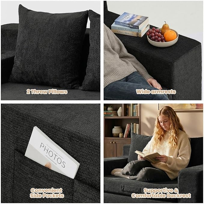 Boneless Loveseat Sofa Bed, Tri-Folding Convertible Futon Sleeper with Handle & Side Pockets, 54'' Boneless Couch with Hook and Loop No Assembly for Small Space,Living Room & Bedroom