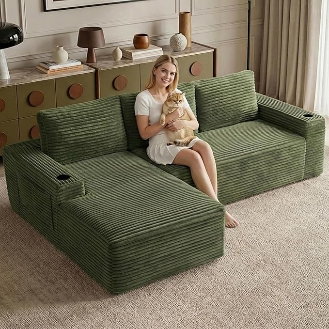 104.3" Modular Sectional Sofa,Modern Corduroy Cloud Couch with Cup Holder & Side Pockets,Boneless Couch Upholstered 3-Seater L-Shaped Sofa for Living Room,No Assembly (Green, Left-Facing Chaise) | with Cup Holder