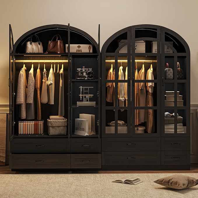 Squireewo 78" Arched Armoire Wardrobe Closet with Motion Sensor LED Light, 3 Windowpane Glass Doors & 4 Drawers, Large Wood Bedroom Storage Cabinet, Clothing Organizer with Hanging Rod, Black