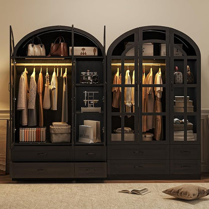 Squireewo 78" Arched Armoire Wardrobe Closet with Motion Sensor LED Light, 3 Windowpane Glass Doors & 4 Drawers, Large Wood Bedroom Storage Cabinet, Clothing Organizer with Hanging Rod, Black
