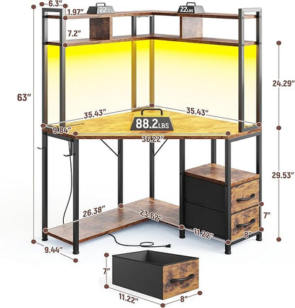 DurayLoly 63" Triangular Corner Desk with Hutch,Ample Storage for Small Room,Spacious 36" W Desktop,2 Fabric Drawers and Bottom Wooden Shelves,Versatile Computer Desk that Meets All Your Needs,Brown