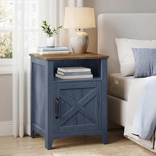 VASAGLE LIRY Collection - Farmhouse Nightstand, Barn Door, Set of 2, Bedside Table with Storage, Side End Table, Night Stand, Open Compartment, for Bedroom, Rustic Blue and Honey Brown ULET609Q101S-2J
