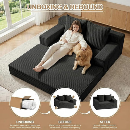 Boneless Loveseat Small Couch Bed, Futon Sleeper Sofa Bed,Convertible Pull Out Couch with 2 Pillows,Corduroy Folding Floor Couch for Living Room,No Assembly Required,Black