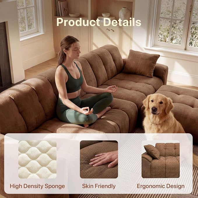 Claiks 118" Modern Boneless Couch, Corduroy Modular Cloud Sofa for Living Room, Deep Seat Sectional with Movable Ottoman, No Assembly Required, Brwon