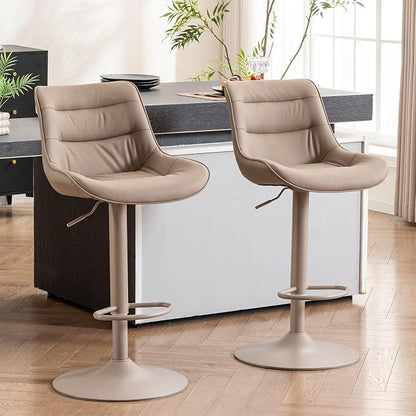 Kidol & Shellder Adjustable Bar Stools Set of 2, Faux Leather Counter Height Bar Stools with Back, Modern Mid Century Upholstered Barstools for Kitchen Island Khaki