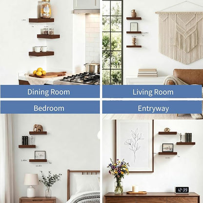 Floating Shelves, Walnut-Like Wooden Set of 3 Wall Mounted Bathroom Shelves Over Toilet, Modern Small Hanging Shelves for Bedroom Living Room Kitchen Rustic Home Decor, 12" x 7" x 1.5"