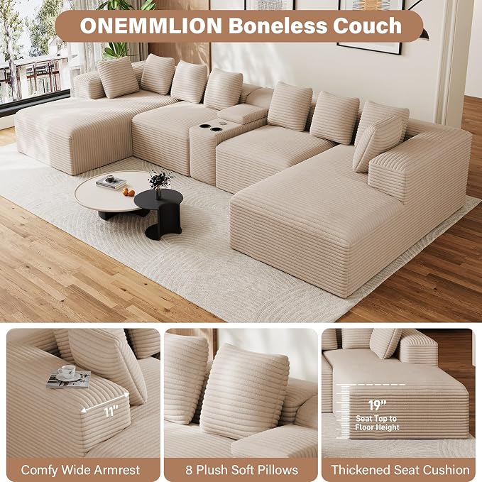 143" Oversized U Shaped Cloud Sectional Couches for Living Room, Comfy Fluffy Corduroy Beige Boneless Couch, Large Modular Sectional Sofa Set with Chaise, Cup Holder, USB Port, Storage Console