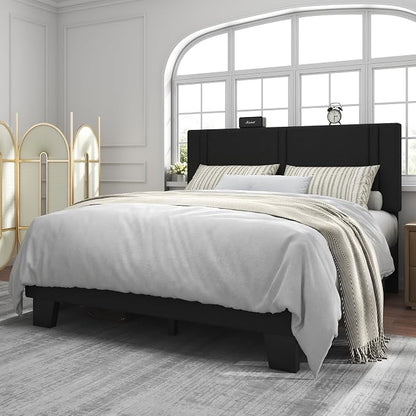Feonase Full Size Platform Bed Frame, Fabric Upholstered Full Bed Frame, Solid Wood Slats & Heavy Duty Feet Support, No Box Spring Needed, Noise-Free, Easy Assembly, Black