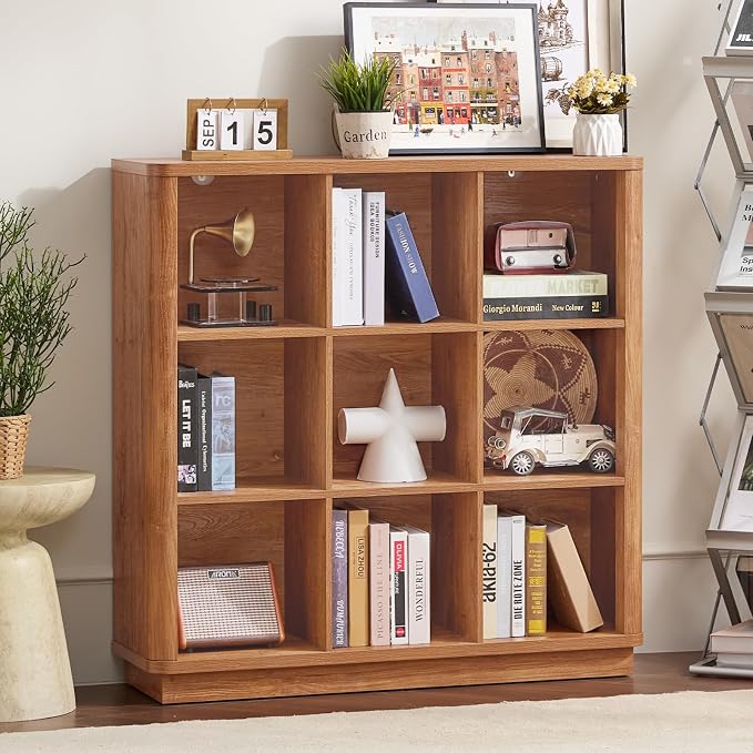 Joaxswe 9 Cube Storage Book Shelf, 40.5" Wide Organizer Bookshelf with Curved Edge, Wood Floor Standing 3-Tier Cubby Bookcase with Base, Country Rustic Display Book Case for Library, Office, Brown