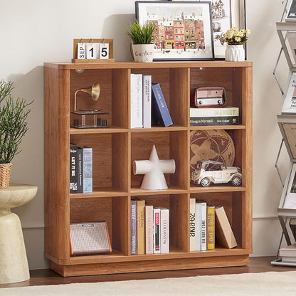 Joaxswe 9 Cube Storage Book Shelf, 40.5" Wide Organizer Bookshelf with Curved Edge, Wood Floor Standing 3-Tier Cubby Bookcase with Base, Country Rustic Display Book Case for Library, Office, Brown
