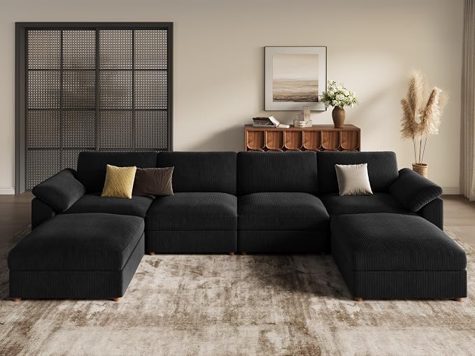 EASE MOOSE U Shape Sectional Sofa,Oversized Deep Seat Modular Couch,Modern Fashion Corduroy Cloud Sectional Sofa, Removable Cover,Black
