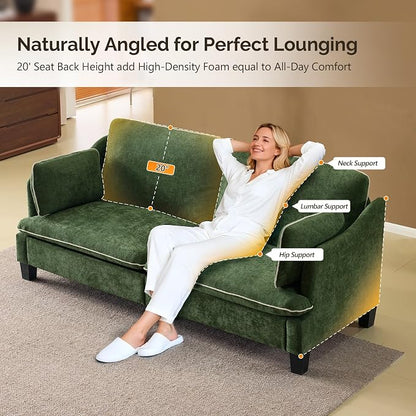 VINGLI 84" Extra Deep Seat Sofa Couch, 3 Seater Upholstered Living Room Couches with 2 Piped Seater Cushions, Throw Pillows, Modern Linen Velvet Fabric Sofa for Apartment Bedroom Office