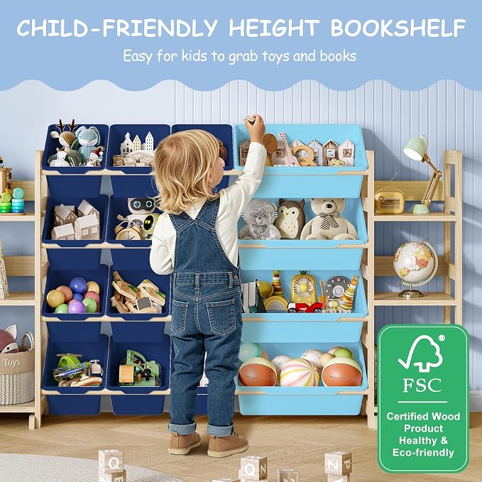 EXPERLAM Extra Large Toy Storage - Toy Storage Organizer, Wooden Toy Organizer with 6 Side Shelves and 16 Bins, 3-in-1 Bookshelf for Kids Rooms, Playroom, Nursery, Blue