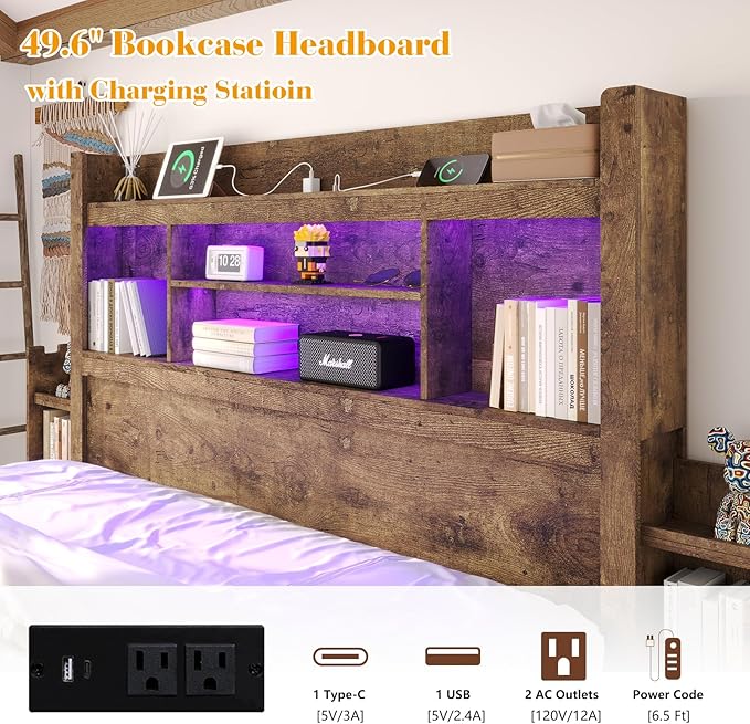 LUXOAK Queen Bed Frame with 49.6" Bookcase Headboard & 2 Detachable Bedside Stoage Racks & 4 Drawers, Farmhouse Wood Bed Frame with RGB LED & Charging Station, No Box Spring Needed, Rustic Brown