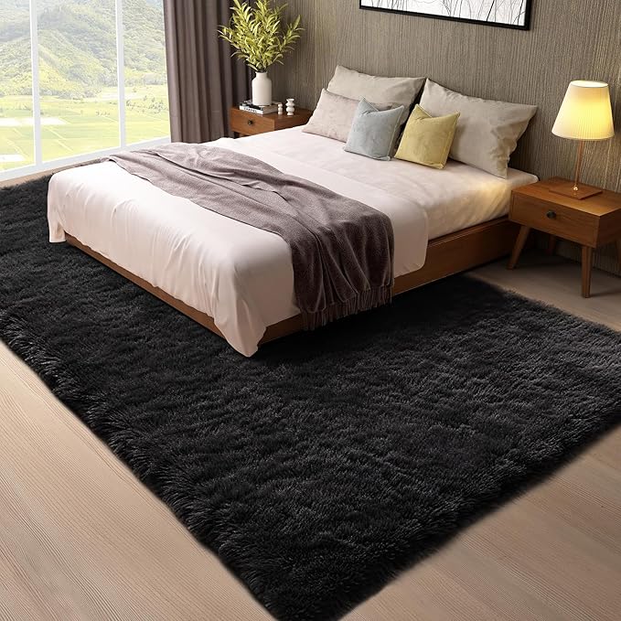 Ophanie 7x9 Black Rugs for Living Room,LargeFluffy Shag Fuzzy Plush Soft Living Room Area Rugs,Floor Shaggy Carpets for Bedroom,Carpet for Kids Boys Girls Dorm Decor with Over 99 pcs Pile fibers