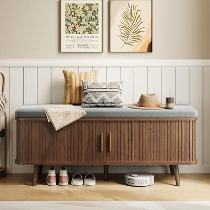 Decofy Shoe Storage Bench with Cushion and Sliding Doors, 47.2 Inch Shoe Bench with Storage, Freestanding Entryway Bench with Shoe Storage, with Solid Wood Legs, for Hallway & Entrance Hall, Walnut