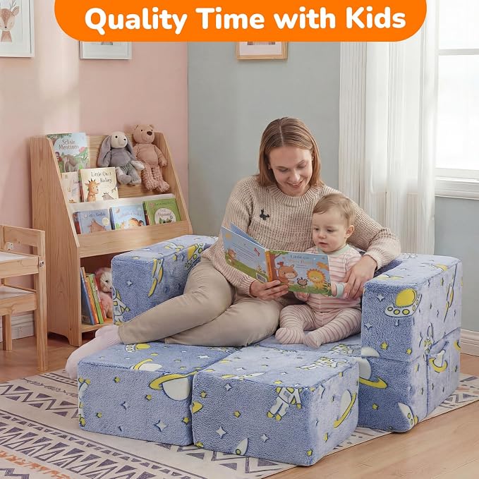 MeMoreCool Modular Kids Couch, Glow Play Toddler Couch for Bedroom Playroom, Convertible Foam Kids Sofa Bed, Fold Out Baby Sofa for Girl Boy, Denim Rocket