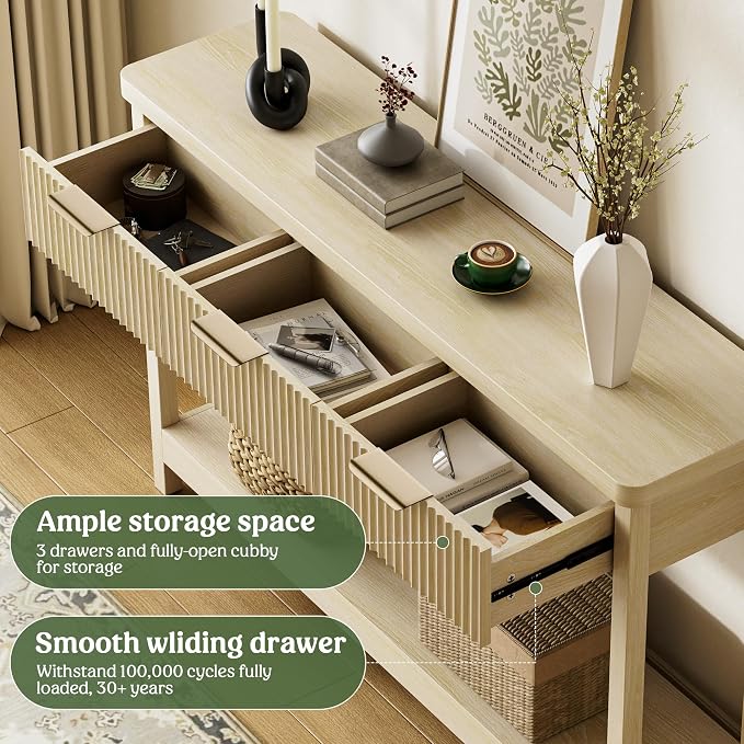 Lulive Fluted Console Table, 51 Inch Entryway Table with 3 Drawers | Scandi farmhouse look with quiet full-extension slides, open lower shelf, profile for hallway, entry, foyer or behind sofa.