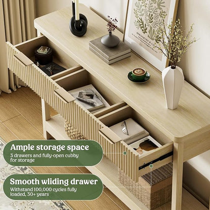 Lulive Fluted Console Table, 51 Inch Entryway Table with 3 Drawers | Scandi farmhouse look with quiet full-extension slides, open lower shelf, profile for hallway, entry, foyer or behind sofa.