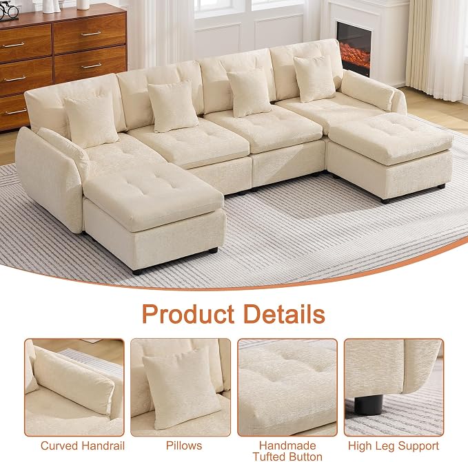 112" U Shaped Modular Sectional Cloud Sofa with 2 Ottomans, Oversized Deep Seat Tufted Chenille 6-Seater Couch with Curved Arms, Upholstered Sofas for Living Room, Beige