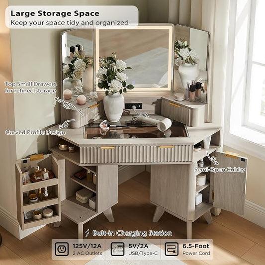 T4TREAM Fluted Makeup Vanity Desk with 3 Way Mirror and Lights, 48" Large Corner Vanity Table with Glass Top, Charging Station, 3 Drawers, Storage Cabinets & Shelves, for Bedroom, White Alder