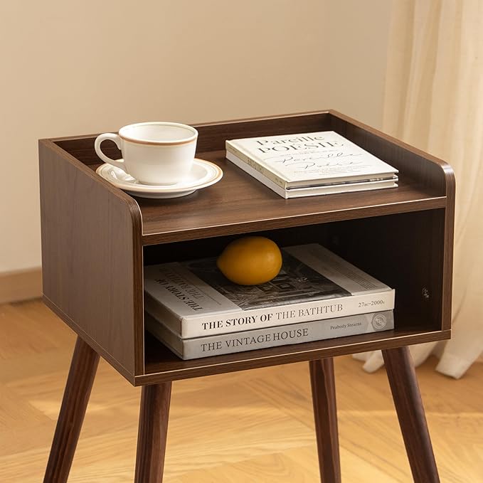MaxSmeo Small Nightstand, Mid Century Modern Side Table Bedroom with Storage, Small End Bedside Table with Solid Wood Legs for Living Room, Office(Walnut Brown)